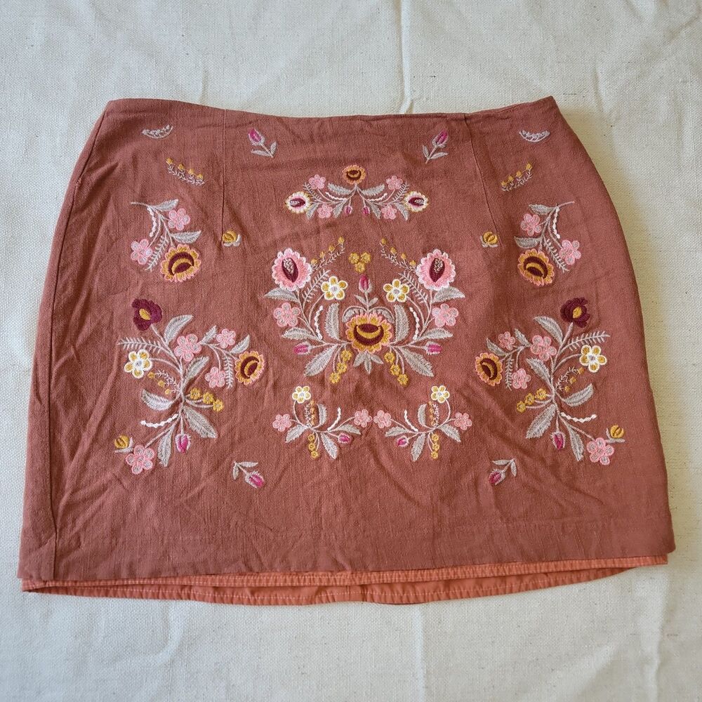 Entro Embroidered Linen Mini Skirt Rust Orange Size L Lined Bohemian